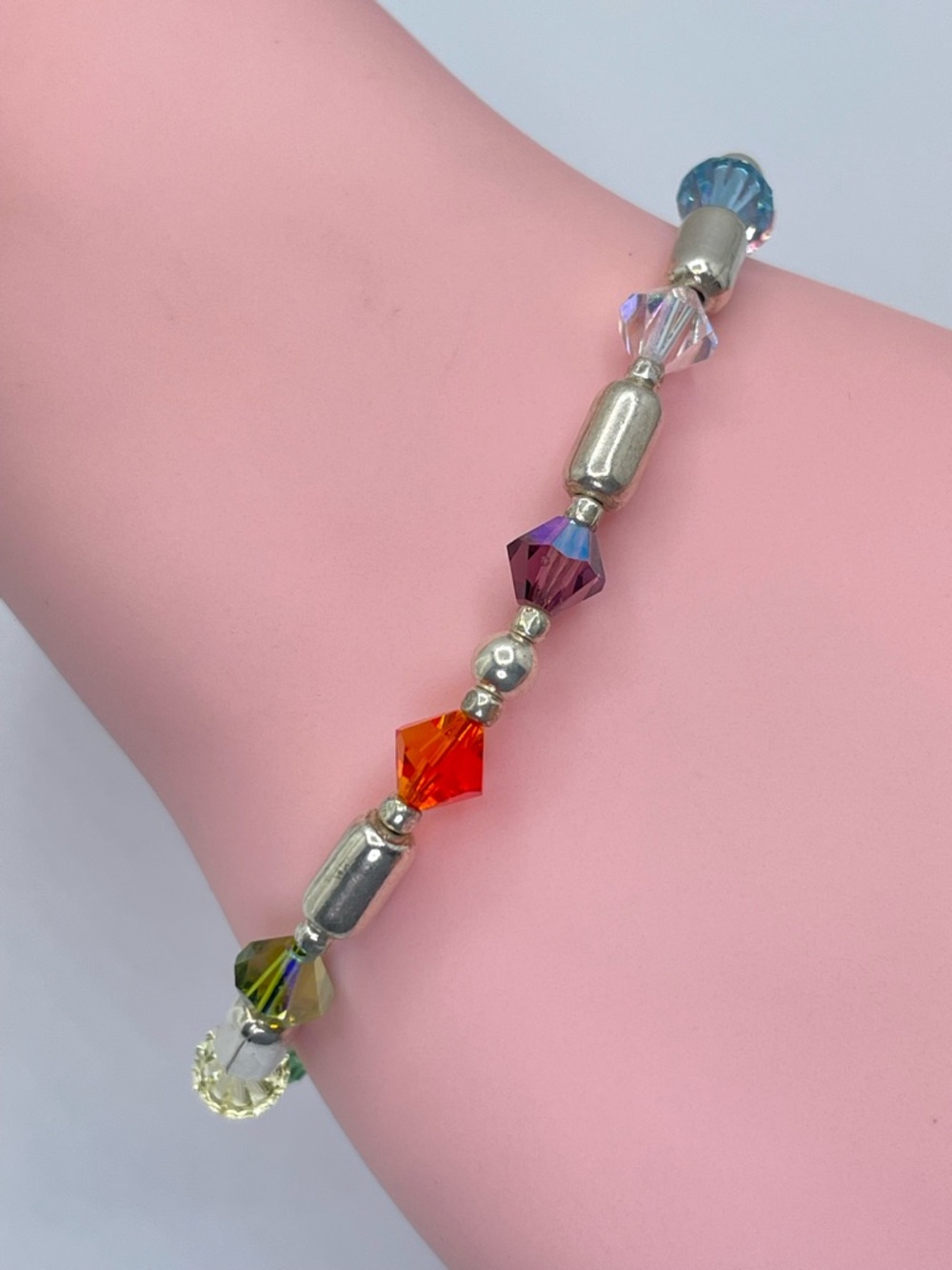 925 Sterling Silver Multicolor Crystal Bead Bracelet Rainbow Statement